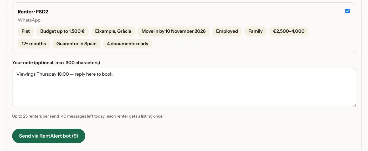 Partner panel: selected renters, a note about Thursday viewings and the send button