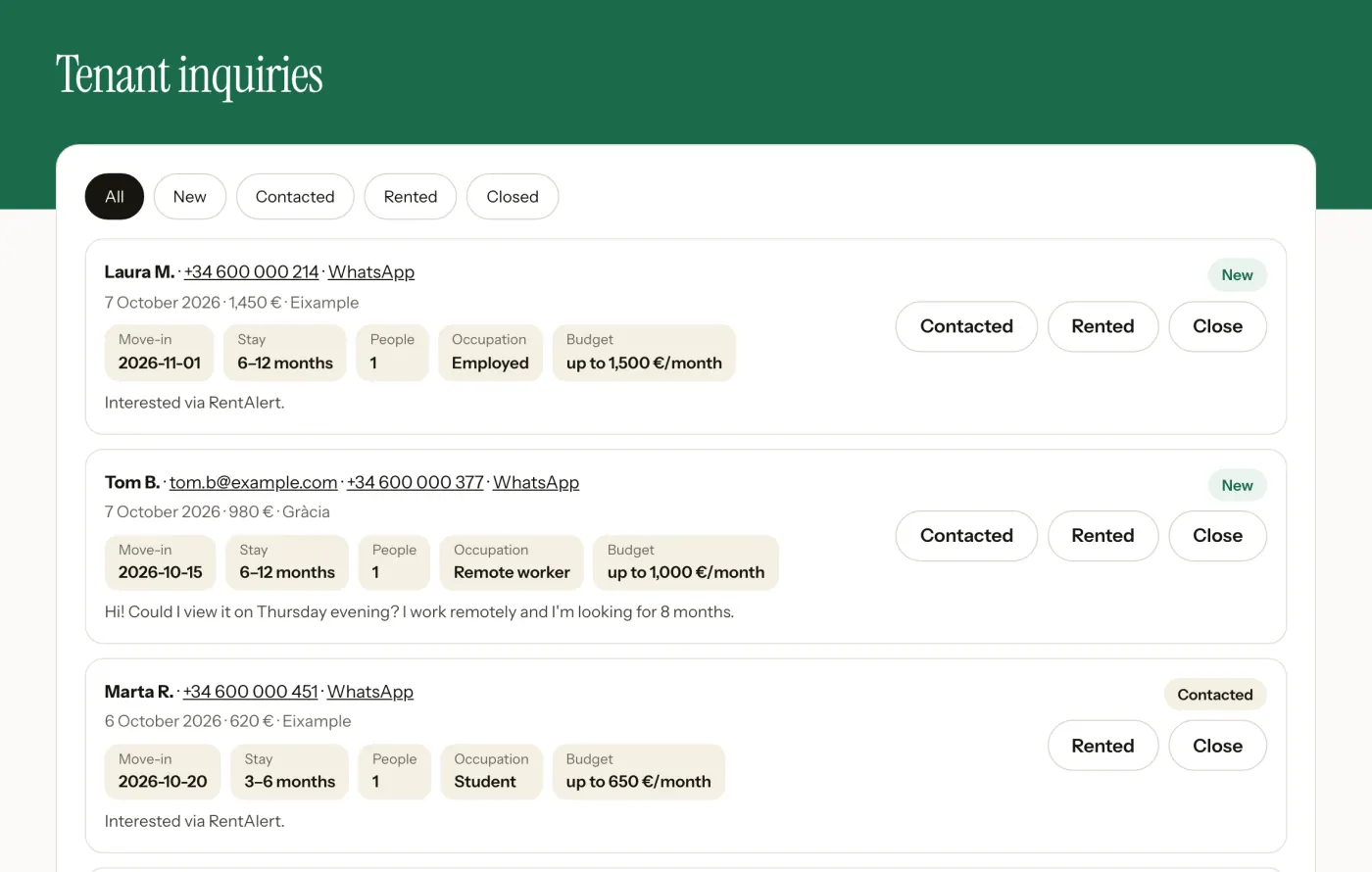 Partner panel: tenant inquiries with phone, move-in date, stay, occupation and budget