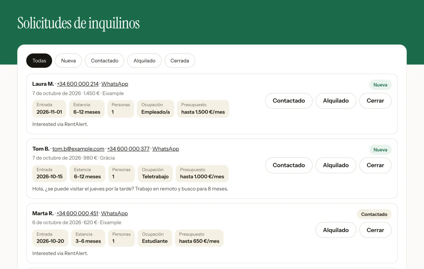 Panel de partner: solicitudes con teléfono, fecha de entrada, estancia, ocupación y presupuesto