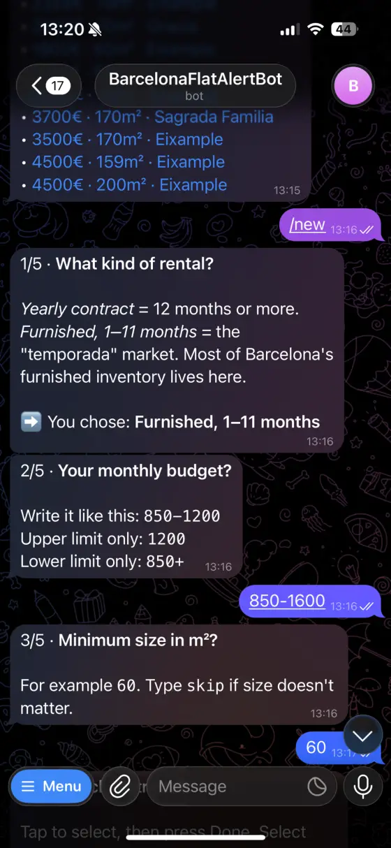 Five questions, that's the whole setup. Rental type first, then budget.