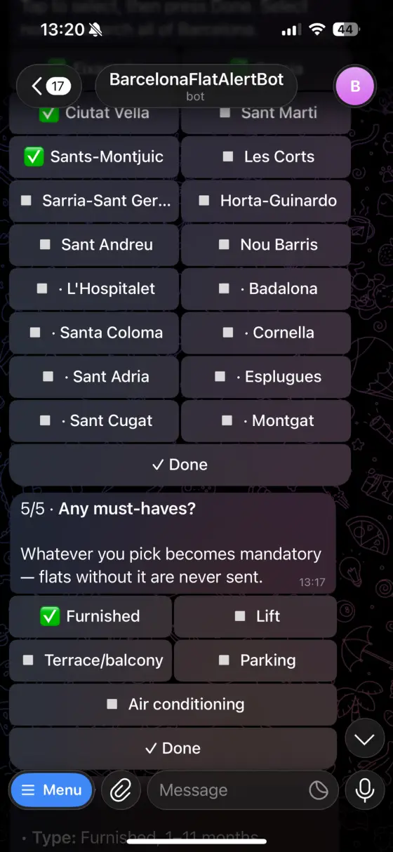 Pick your districts and the towns around Barcelona, then your must-haves.