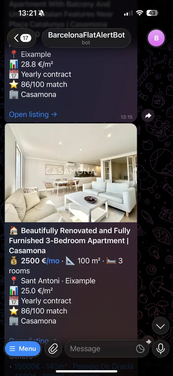 Every alert carries photos, price per m² and which agency listed it.